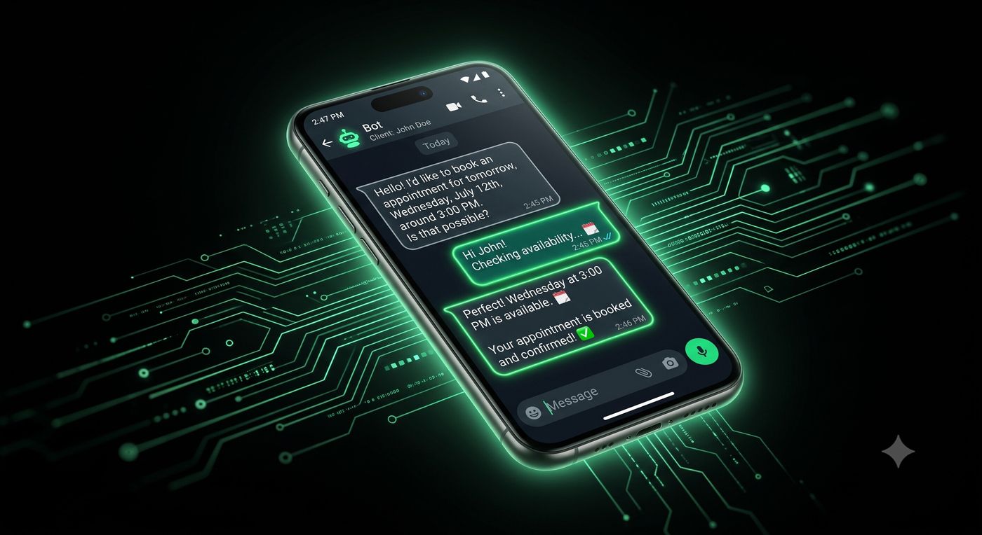 WhatsApp conversation showing AgendaBot confirming an appointment automatically